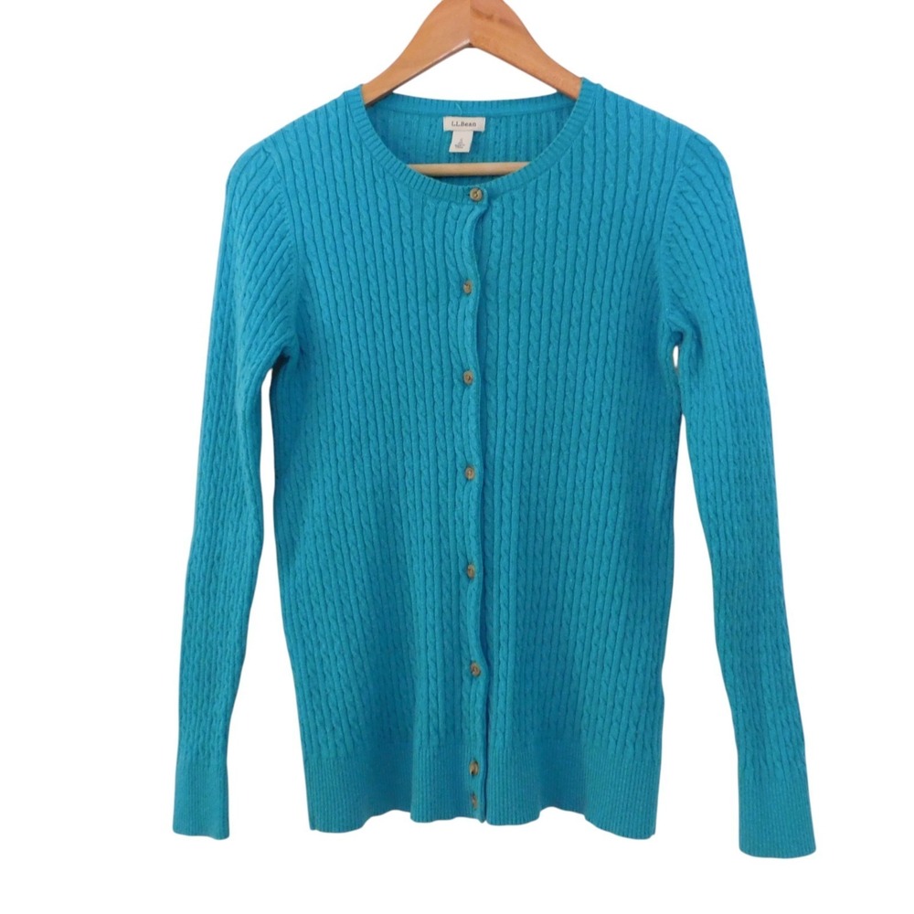LL Bean Cardigan Sweater Womens Small Blue Knit Cotton Button Front Long Sleeve‎